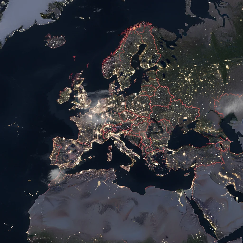 Satellite map of Europe with EU states subtly highlighted